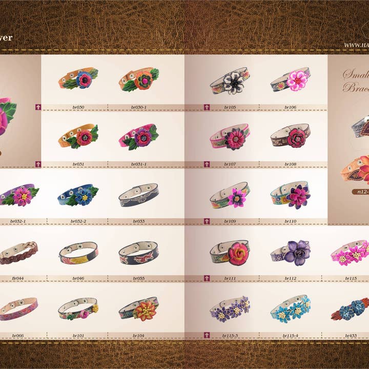 Sunflower Handmade leather inc - Vendita all'ingrosso Bracciale a polsino - 144 Braccialetti con Piccoli Fiori assortiti con un espositore in legno5