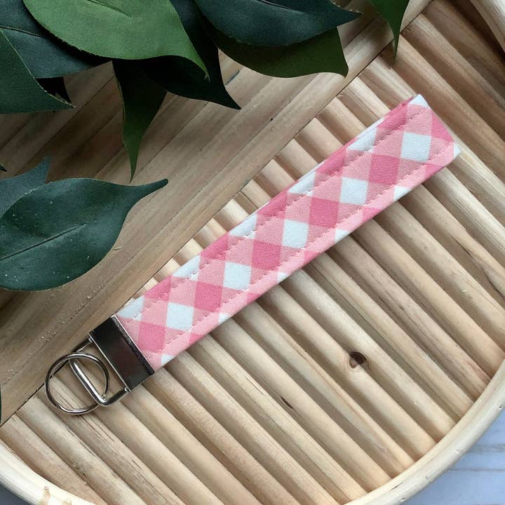 Bubblegum Pink Cross Gingham Print Fabric Wristlet Keychain, Key Fob for wholesale by MDStickerShop