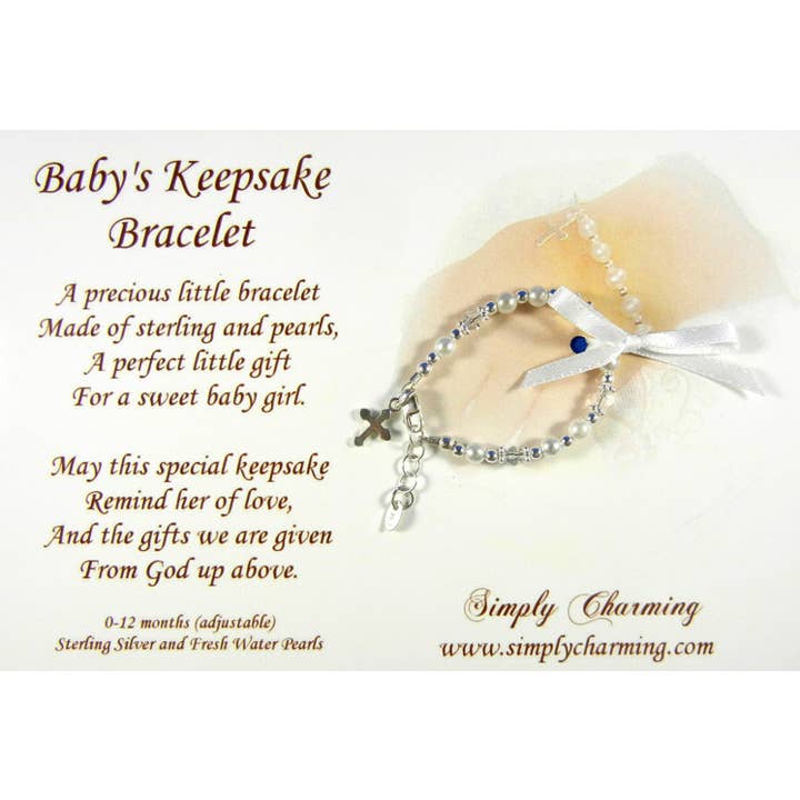 Pulsera para bebé de perlas y cristal con cruz de plata de ley para venta al por mayor de Simply Charming