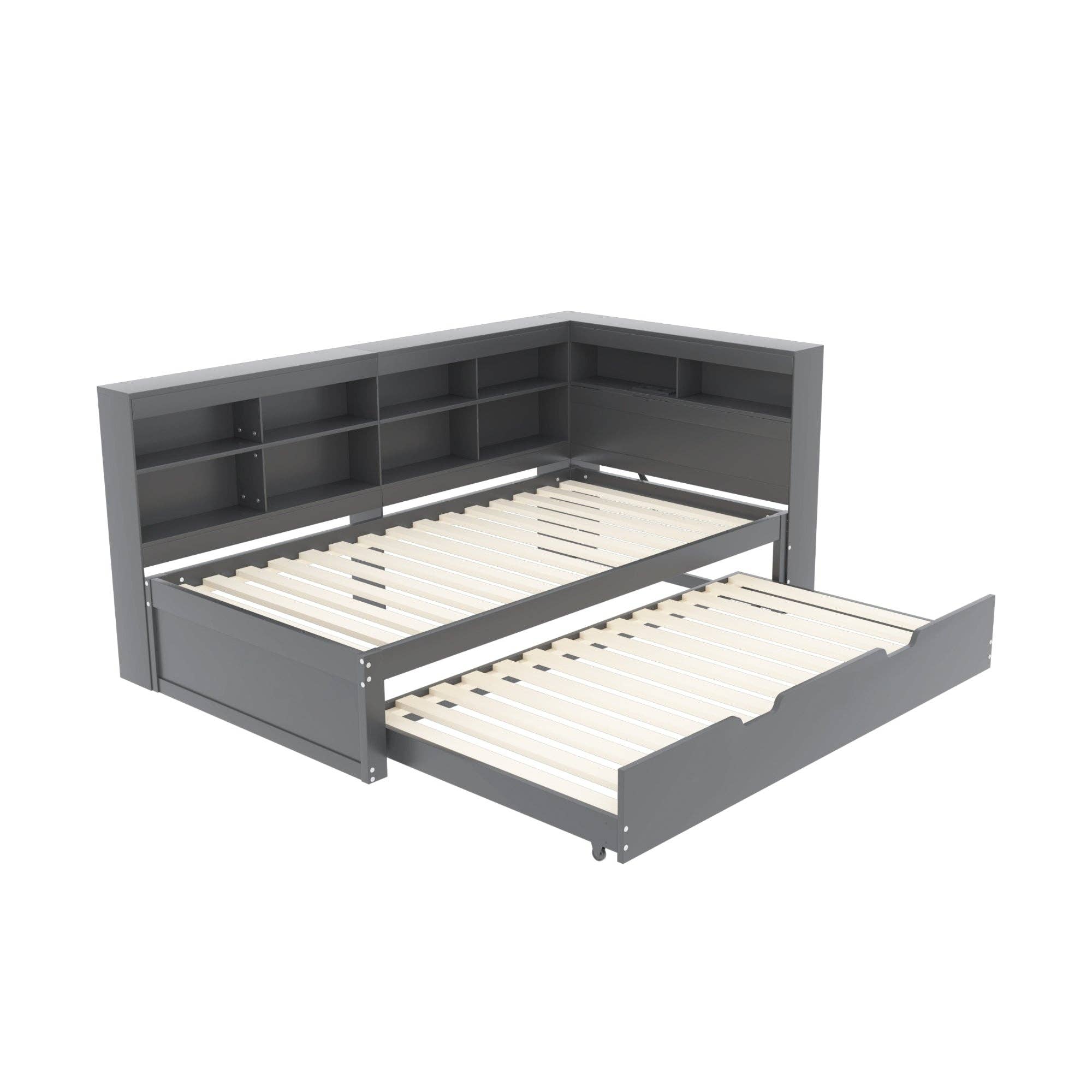 Urban Meuble - Wholesale Bed - Solid wood trundle bed gray 90*200 with USB port and multiple storage GIRCAET16
