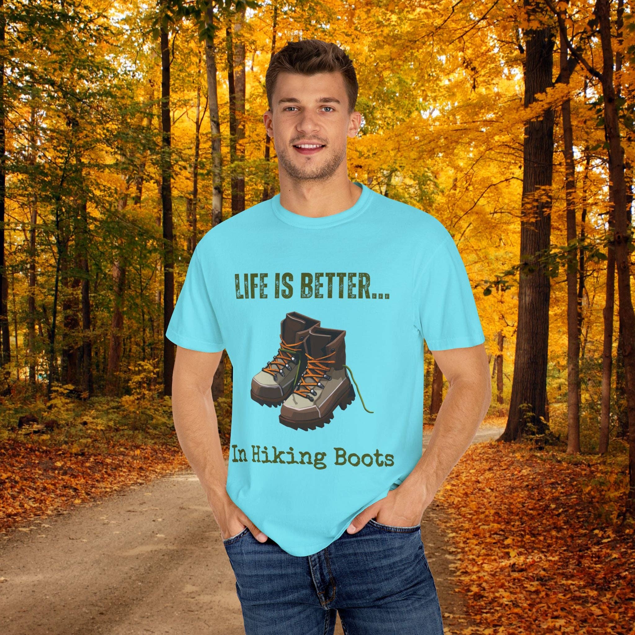 Restored By Nature Company - Wholesale Screen Printed T-Shirt - Unisex - Unisex Graphic Tee – Life Is Better…In Hiking Boots – Soft Cotton15