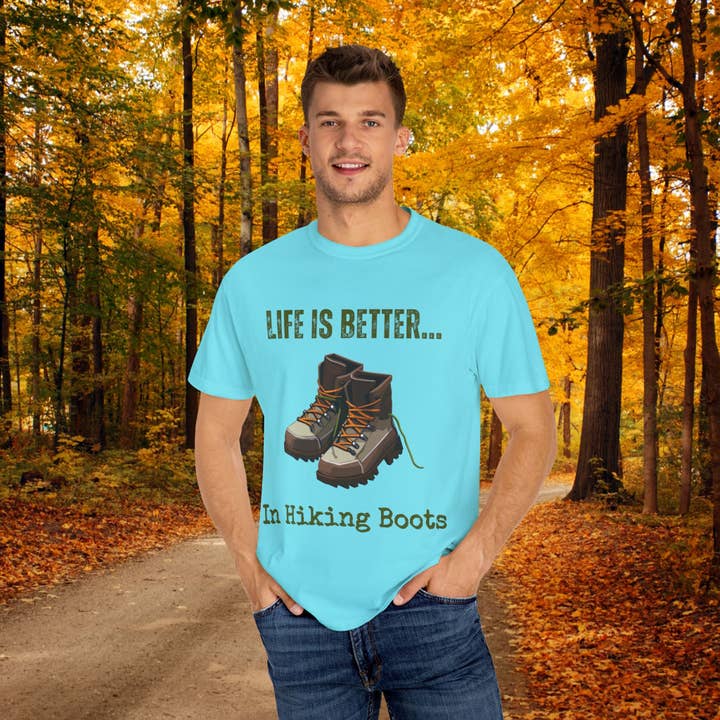 Restored By Nature Company - Wholesale Screen Printed T-Shirt - Unisex - Unisex Graphic Tee – Life Is Better…In Hiking Boots – Soft Cotton15