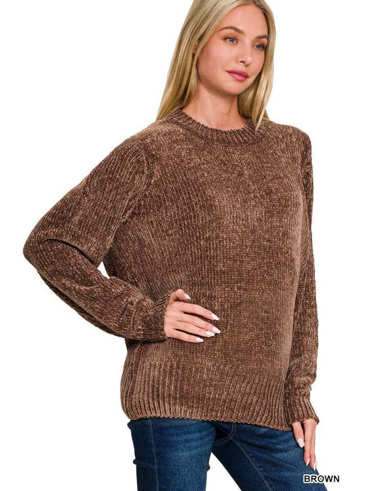 Vanilla Monkey - Wholesale Knit Sweater - Women's - Round Neck Balloon Sleeve Chenille Sweater3