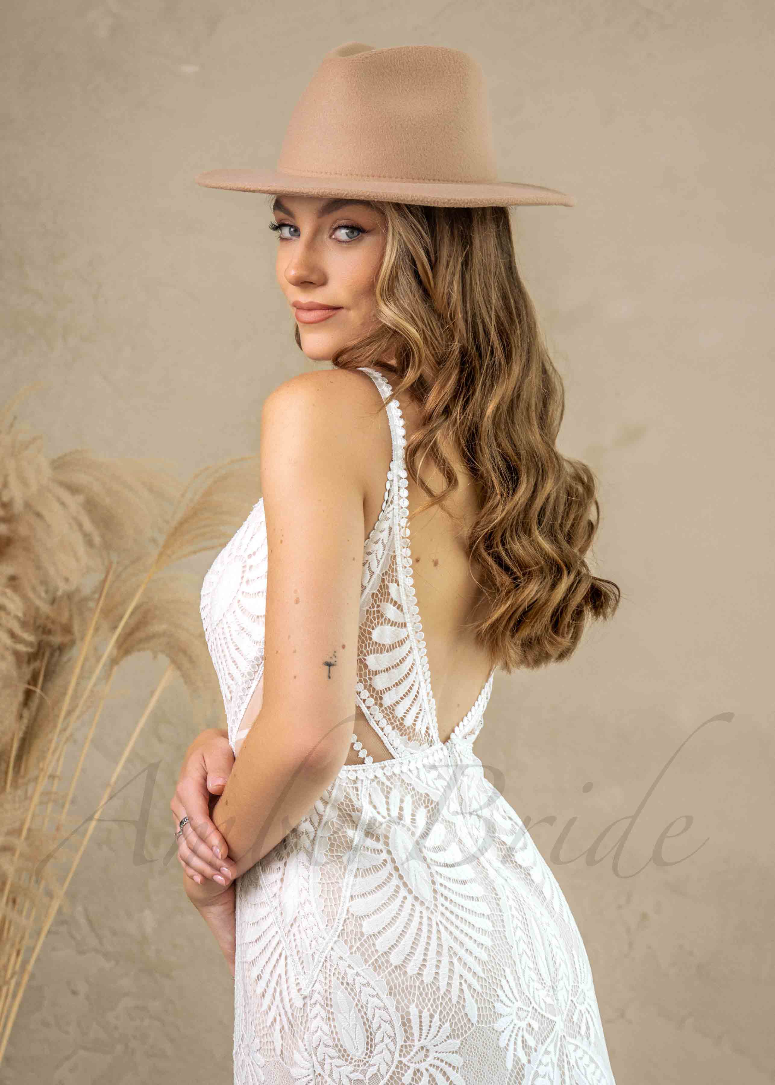 Amber Commerce Group, MB - Wholesale Gown - Women's - Boho Sheath Lace Wedding Dress with Backless Design and Spaghetti Straps3