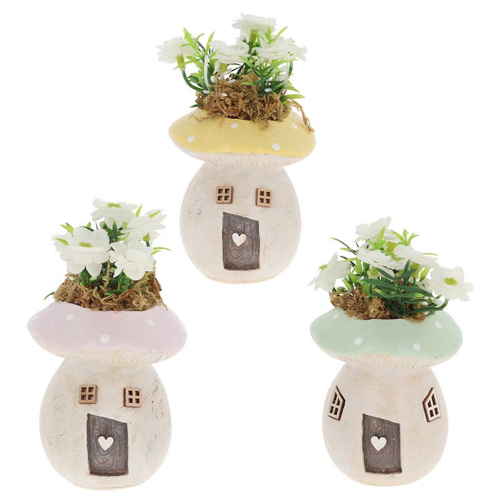 Spring Folk Art Mushroom House With Flowers for wholesale by Joe Davies