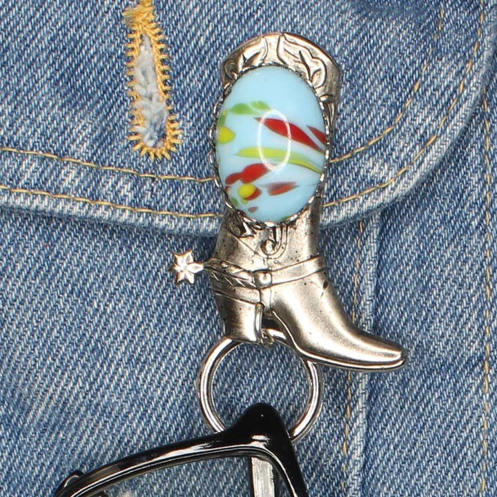 HHH Designs - Wholesale Eyewear cases & holders – Unisex - Silver Cowboy Boot Eye Glass Holder with Sky Blue Cabochon, 2