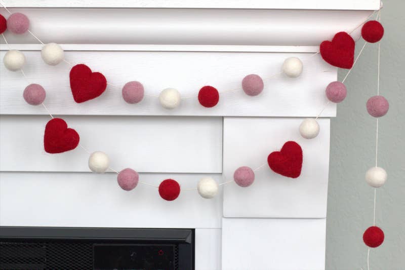 Matthew + Mae - Wholesale Bunting/Garland - Valentine's Day Garland- Red Pink White- Felt Balls & Hearts6