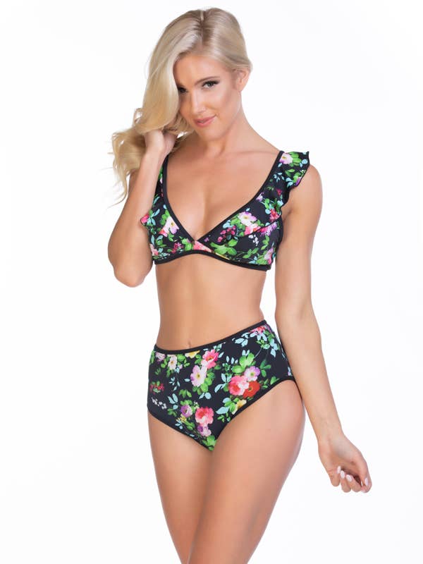 220410-SCHWARZES BIKINI-SET MIT FLORALER RÜSCHE/HOHER TAILLE für den Großhandel von Pick Pink