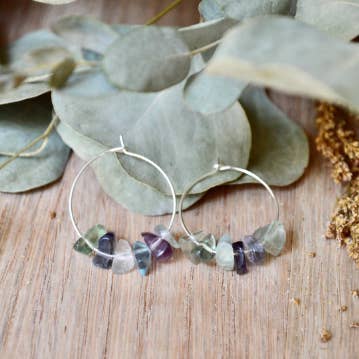 Rainbow Fluorite Gemstone Hoop Earrings, Silver 30mm for wholesale by Moonstone Made