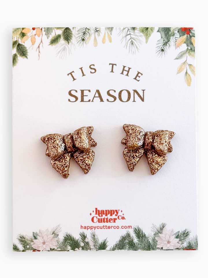 Christmas Studs - Gold Glitter Bow Holiday Stud Earrings for wholesale by Happy Cutter Co