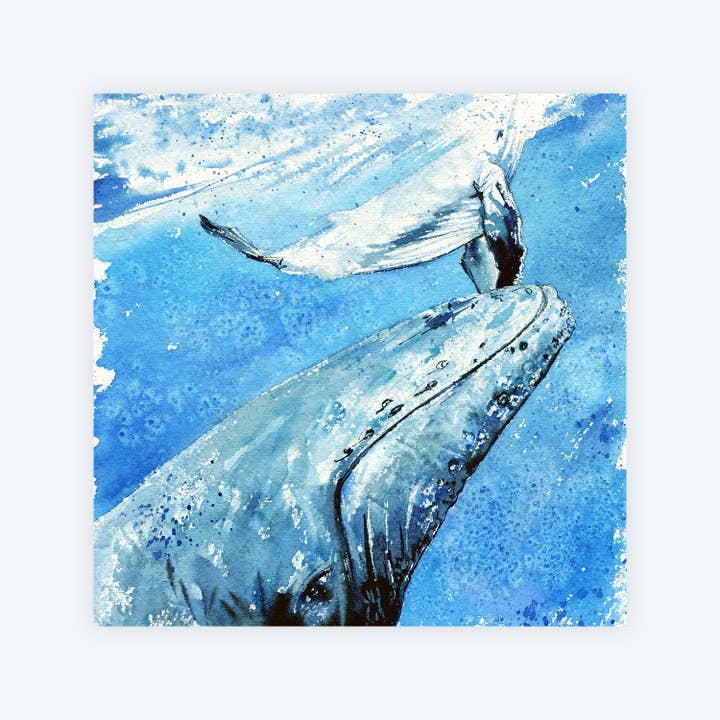 Under Water - Mama and Baby Whales Watercolor Art Print for wholesale by Elena Markelova Arts