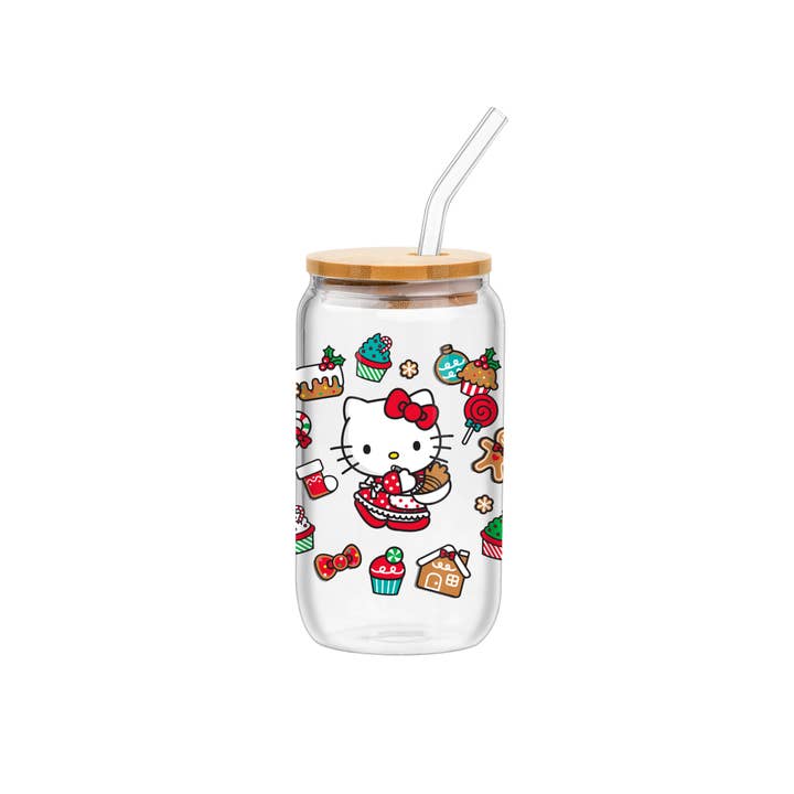 Silver Buffalo - Wholesale Drinking Glass/Cup - Hello Kitty Sweet Holiday 16oz Glass Tumbler w Bamboo Lid