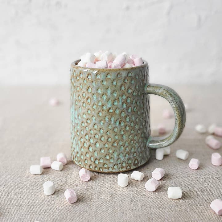 Katie L Thompson Designs – wholesale Coffee mug – Borealis Green Rustic Textured Pint Mug2