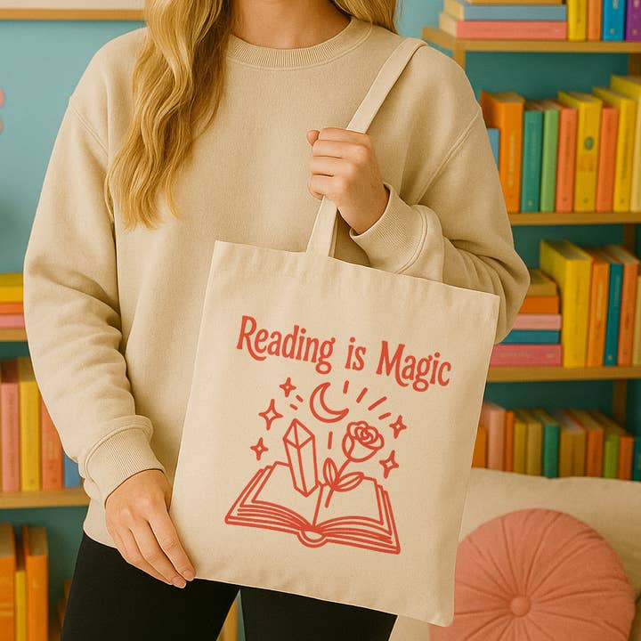 Witchy Reading Is Magic Canvas Tote Bag for wholesale by DaisyChainDesignCo