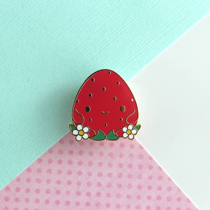 Happy Strawberry Hard Enamel Pin / Cute Fruit Pin for wholesale by Wild Whimsy Woolies