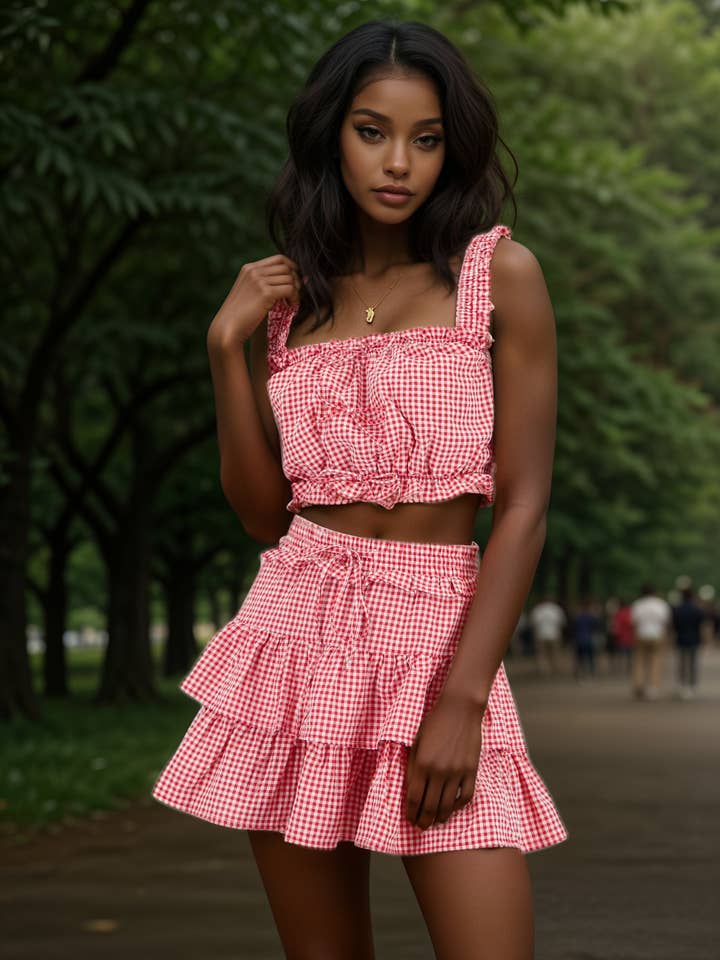 GINGHAM PLAID SLEEVELESS CROP TOP AND SKIRT SET for wholesale by 5besties inc