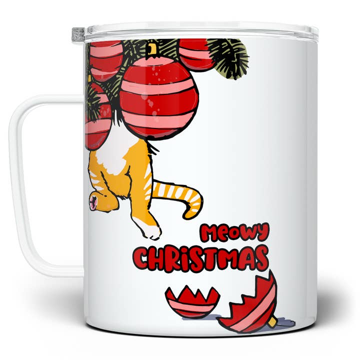 Meowy Christmas Travel Mug, Funny Cute Cat Holiday Gifts for wholesale by Loftipop
