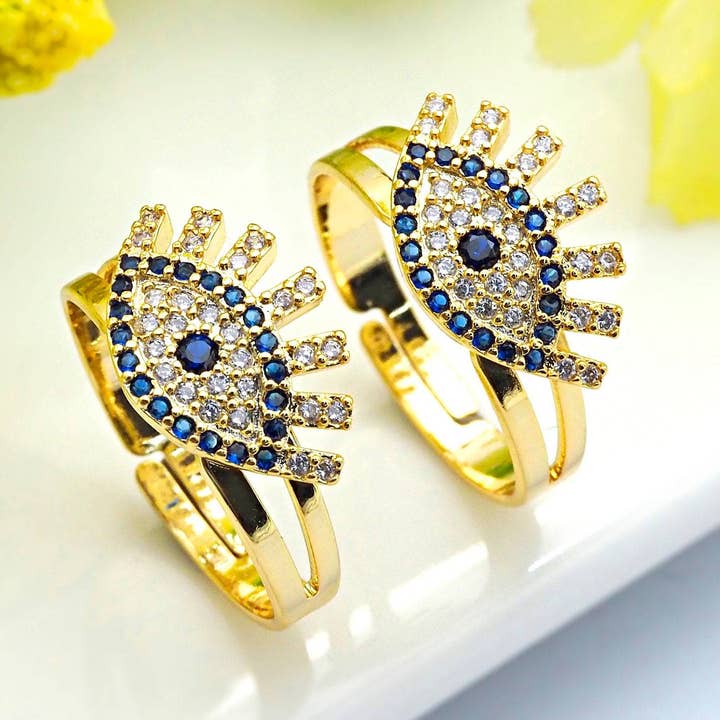 CZ Evil Eye With Long Eyelash Adjustable Ring, SKu#X14 for wholesale by BestBeads&Beyond
