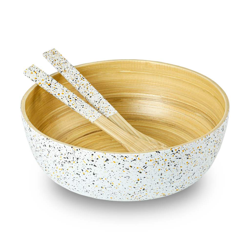 dunkelgrau Bambus-Salatschüssel-Set mit Terrazzo-Griff | Holz-Salatbesteck (Löffel & Gabel) für den Großhandel auf Faire7