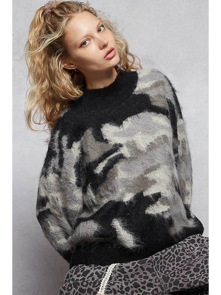 Pol Clothing - Wholesale Knit Sweater - Women's - Long sleeve abstract Color block mohair sweater top SALE6