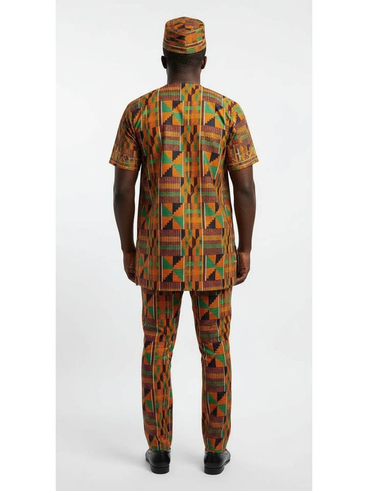India Batik - Wholesale Top & Pant Set (NOT Loungewear) - Men's - Men 3Pcs Pant Set /Traditional Kente Print-1