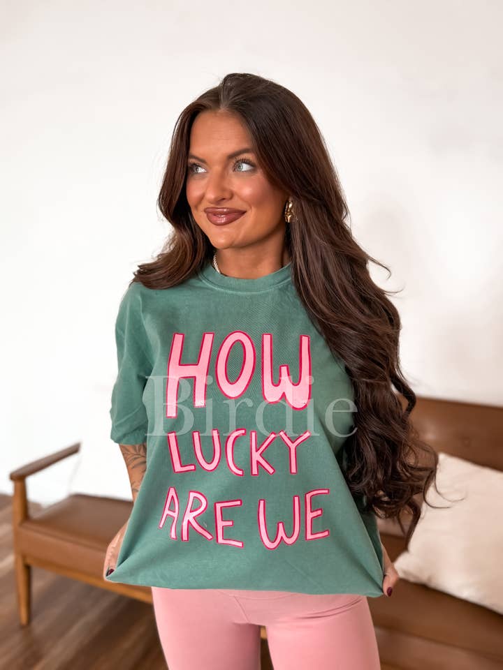 How Lucky Are We Light Green Graphic Tee for wholesale by birdie