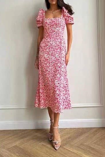 HIDDENBRAND - Wholesale Dress - Women's - Puff sleeve Square collar Floral Dress5