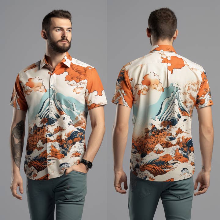 NeoShores - Wholesale Buttoned-down shirt – Men's - Intricate Japanese Ukiyo-e Pattern Print Mens Boho Shirt1