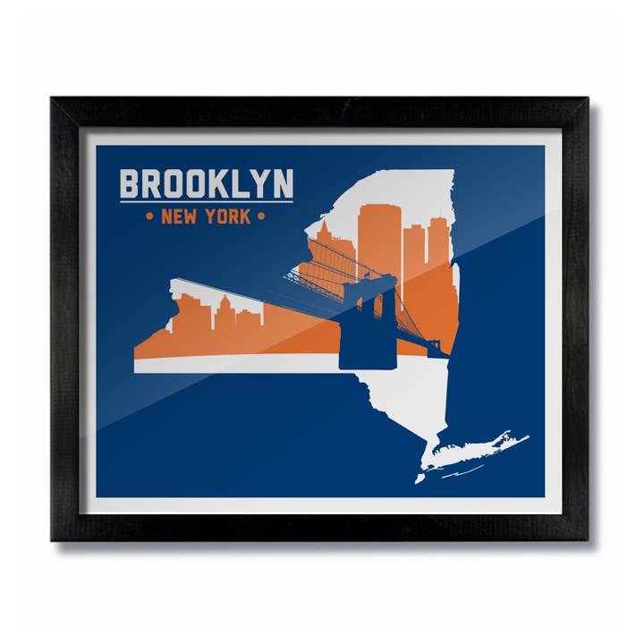 Brooklyn, New York Skyline Imprimé : Bleu & Orange pour la vente par D&W Elements