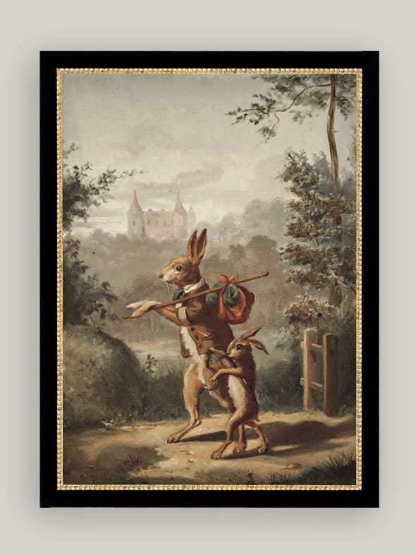 Art ancien encadré de lapin itinérant pour la vente par Petal Lane Home