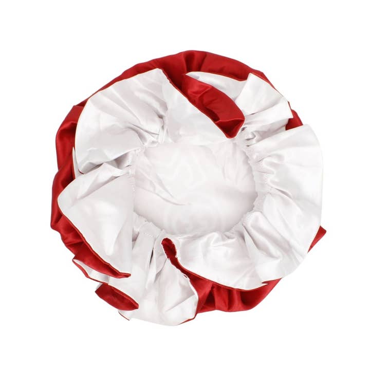 DST Sorority Red White Satin Sleep Bonnet Cap for wholesale on Faire4