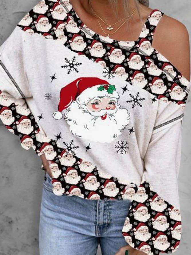 Top a maniche lunghe monospalla con stampa di Babbo Natale ZK561 per la vendita all'ingrosso da parte di UNISHE