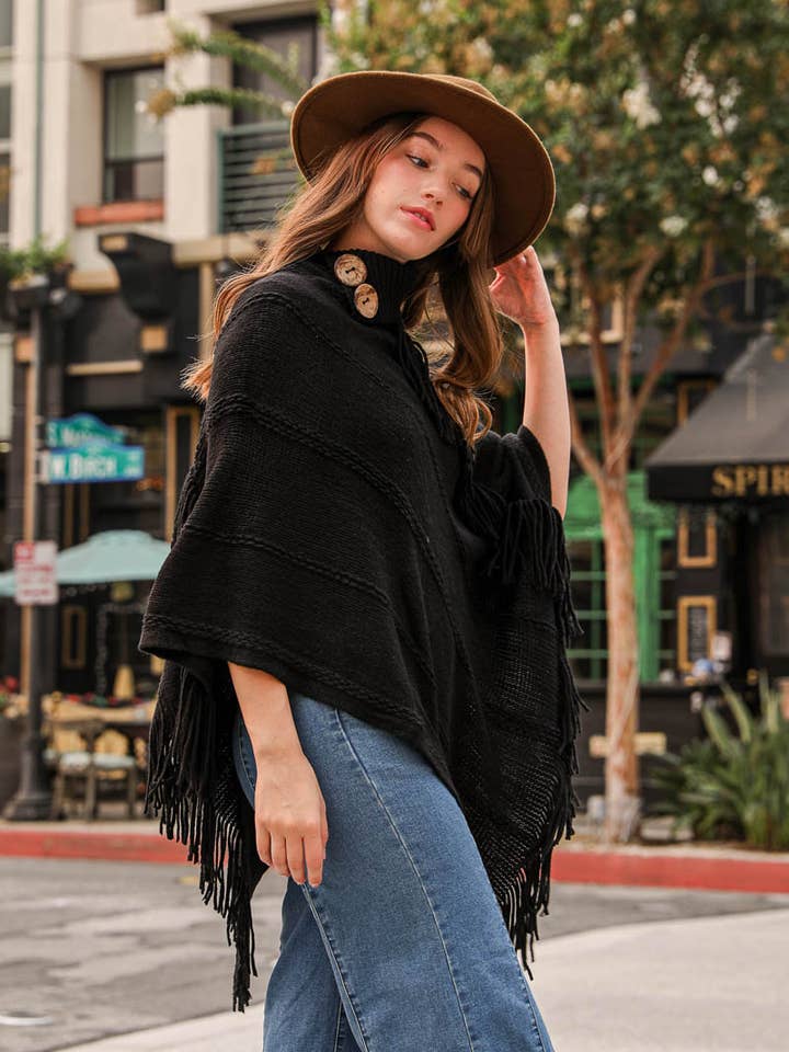 Leto Accessories - Wholesale Poncho - Women's - Button Neck Fringe Poncho - Fall & Winter Essential13
