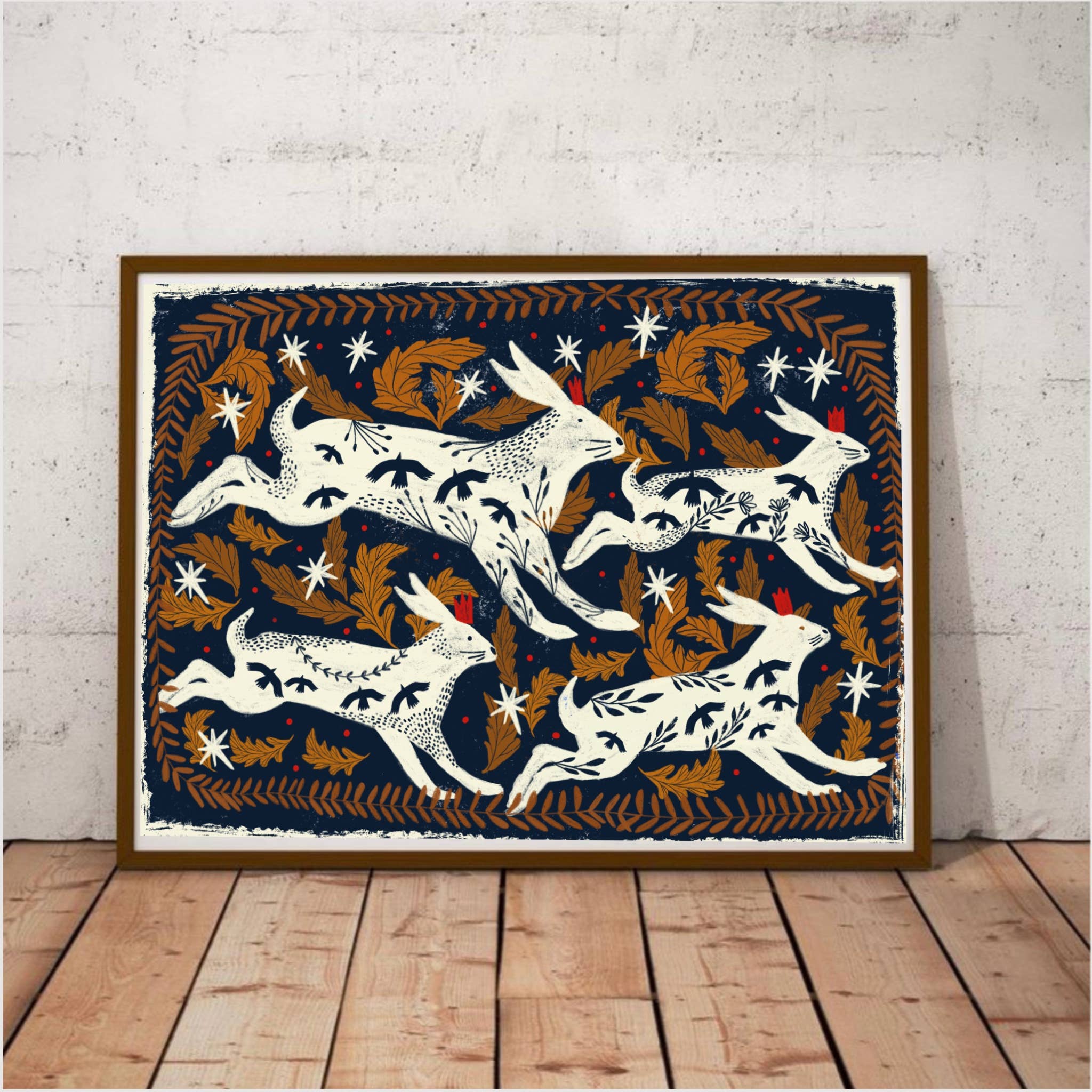 Carole Hillman - Wholesale Art Print - Hares dark blue background print3