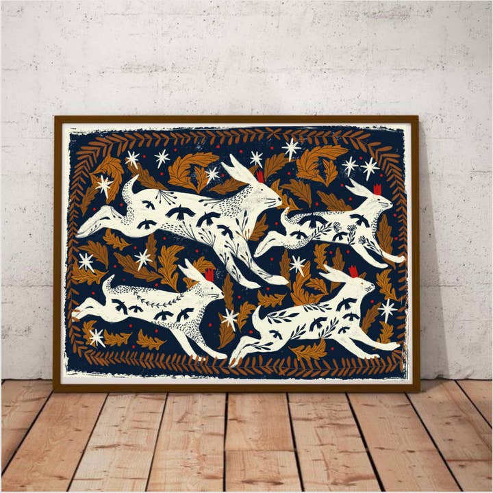 Carole Hillman - Wholesale Art Print - Hares dark blue background print3