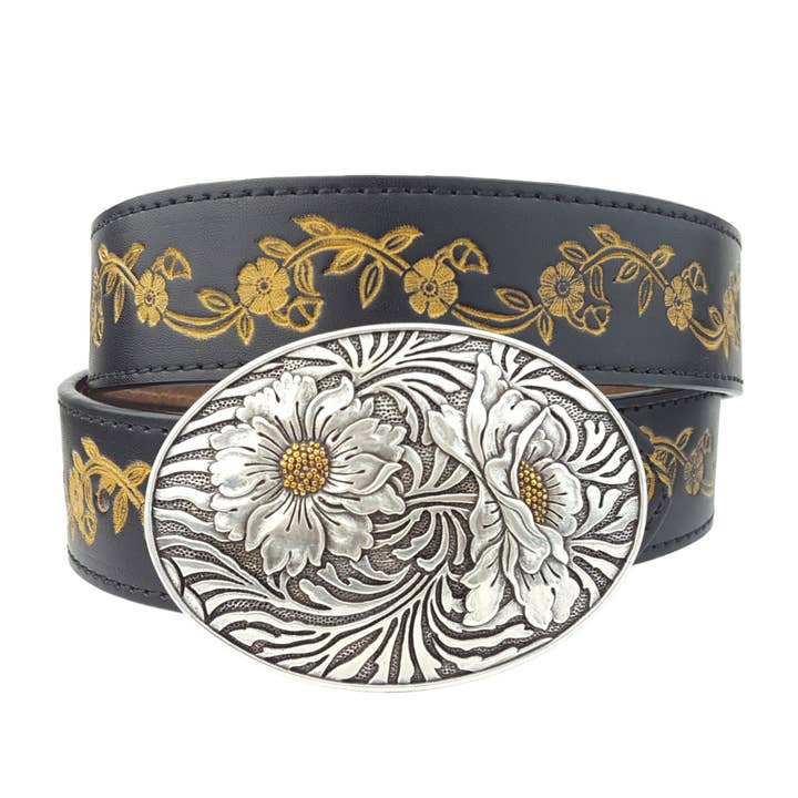 Axesoria West - Wholesale Belt - Women's - Popular Sunflower Buckle with Vintage floral tooled belt