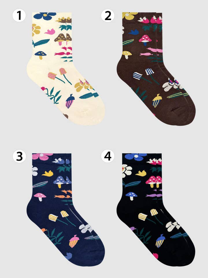 Chaussettes Crew Mushroom Fleur Flower pour femmes pour la vente par 7DAYSSOCKS