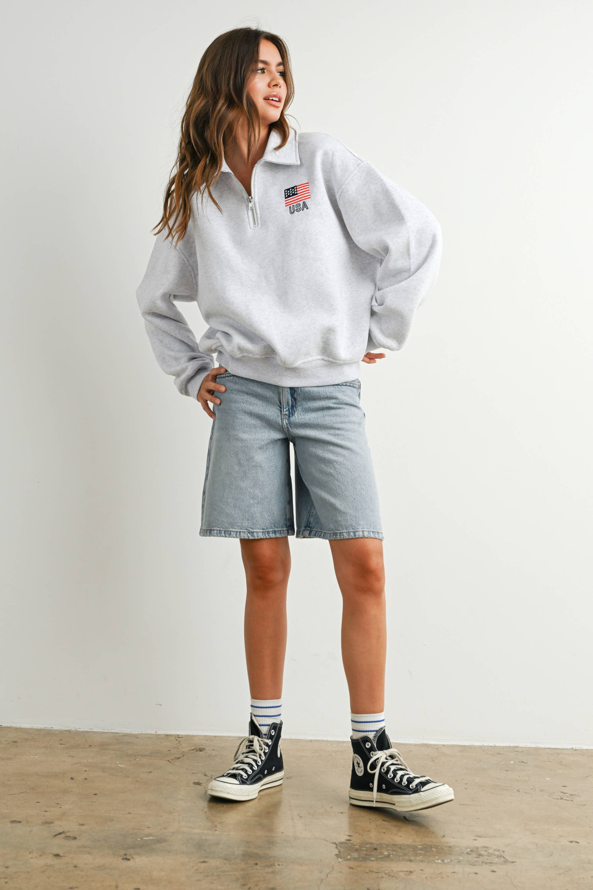 BUTTERMELON - Wholesale Sweatshirt - Women's - Loose Collared Quarter-Zip Top - BMT77948