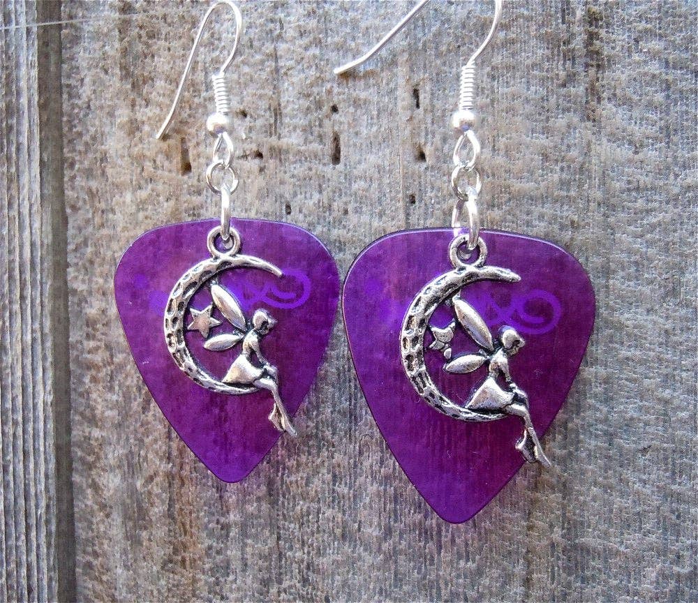 Simply Raevyn - Wholesale Dangle Earrings - Fairy on the Half Moon Charm Guitar Pick Earrings30