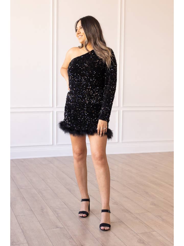Feathered Opulence Sequin Dress in Black for wholesale on Faire