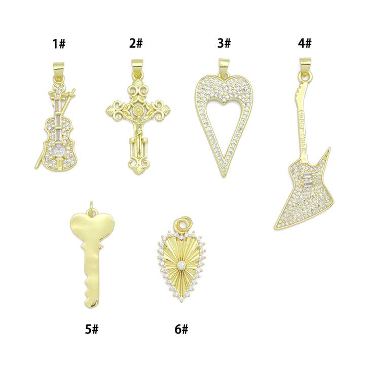Gold Violin Guitar Cross Heart Key Charm Pendant,Sku#LK1257 for wholesale by BestBeads&Beyond