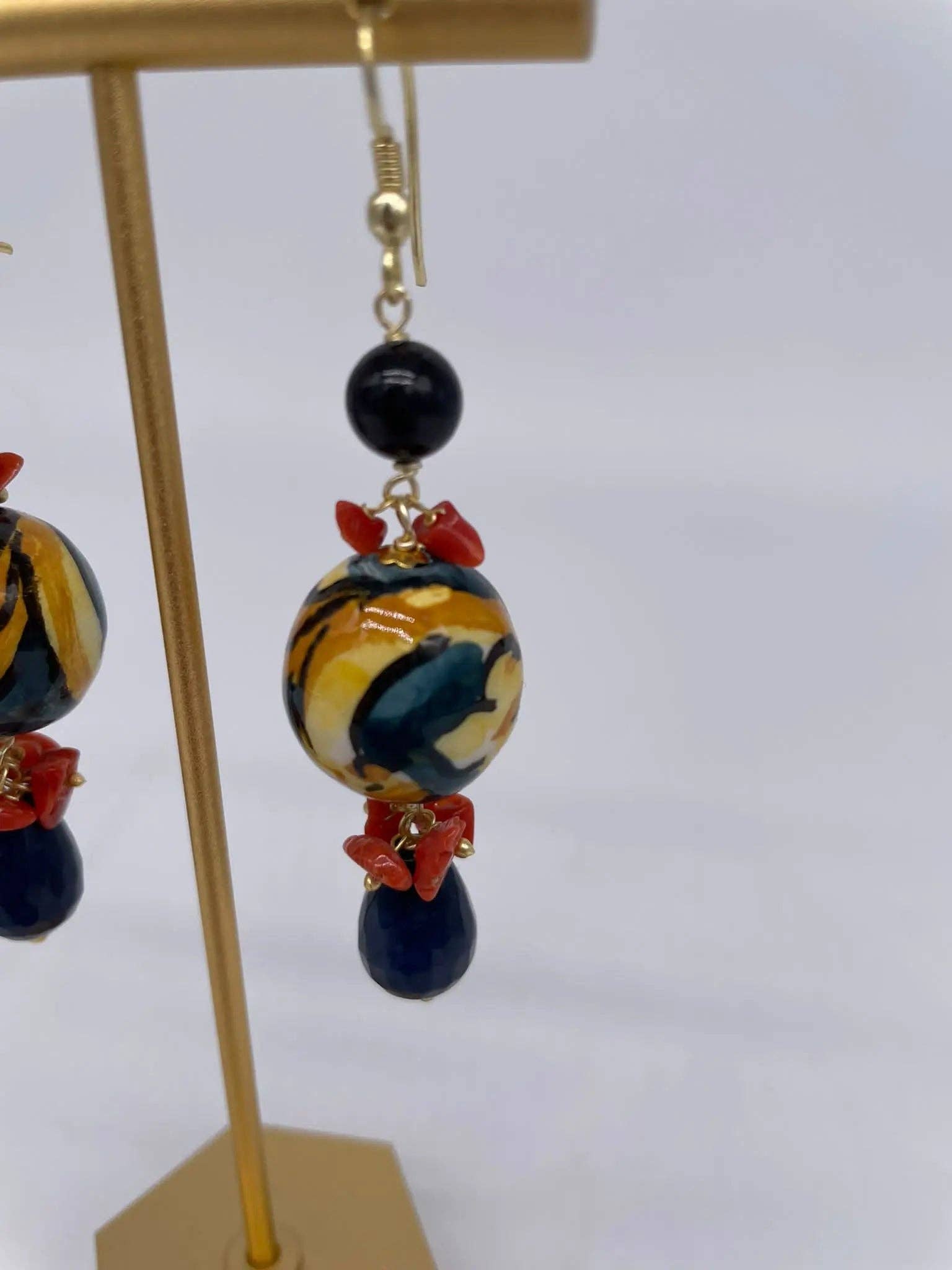 DD Ceramiche Siciliane – wholesale Dangle earrings – Handmade Blue Christmas Balls Earrings in Caltagirone Ceramic, stones and coral1