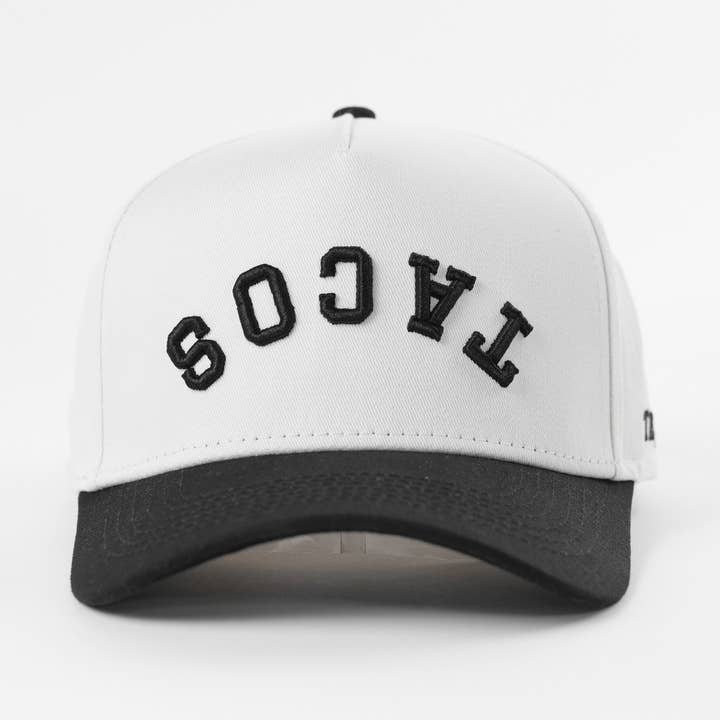 Tacos Upside Down Embroidered A-Frame Snapback Hat for wholesale by The Hungry Sloth