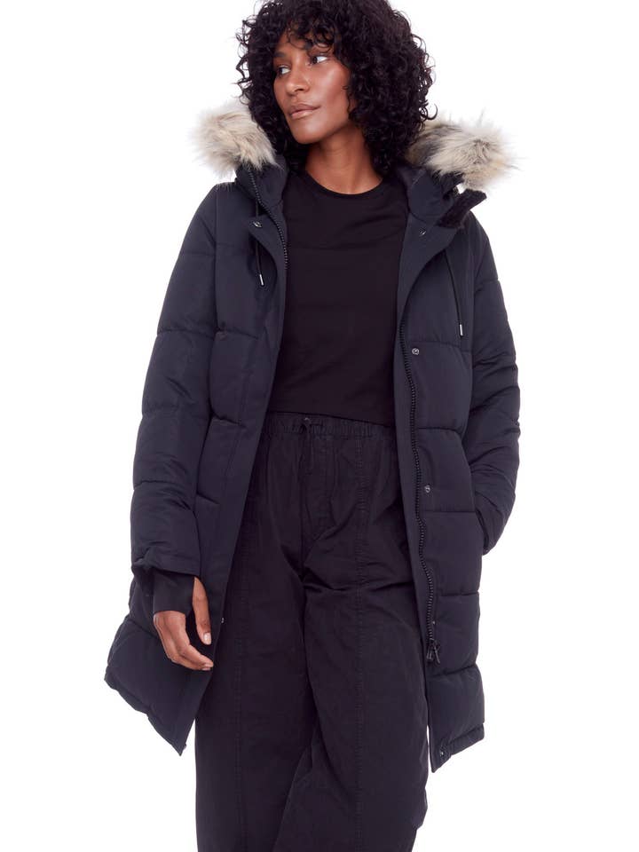 AULAVIK | WOMEN'S VEGAN DOWN (RECYCLED) MID-LENGTH HOODED PARKA COAT, BLACK for wholesale by Alpine North US