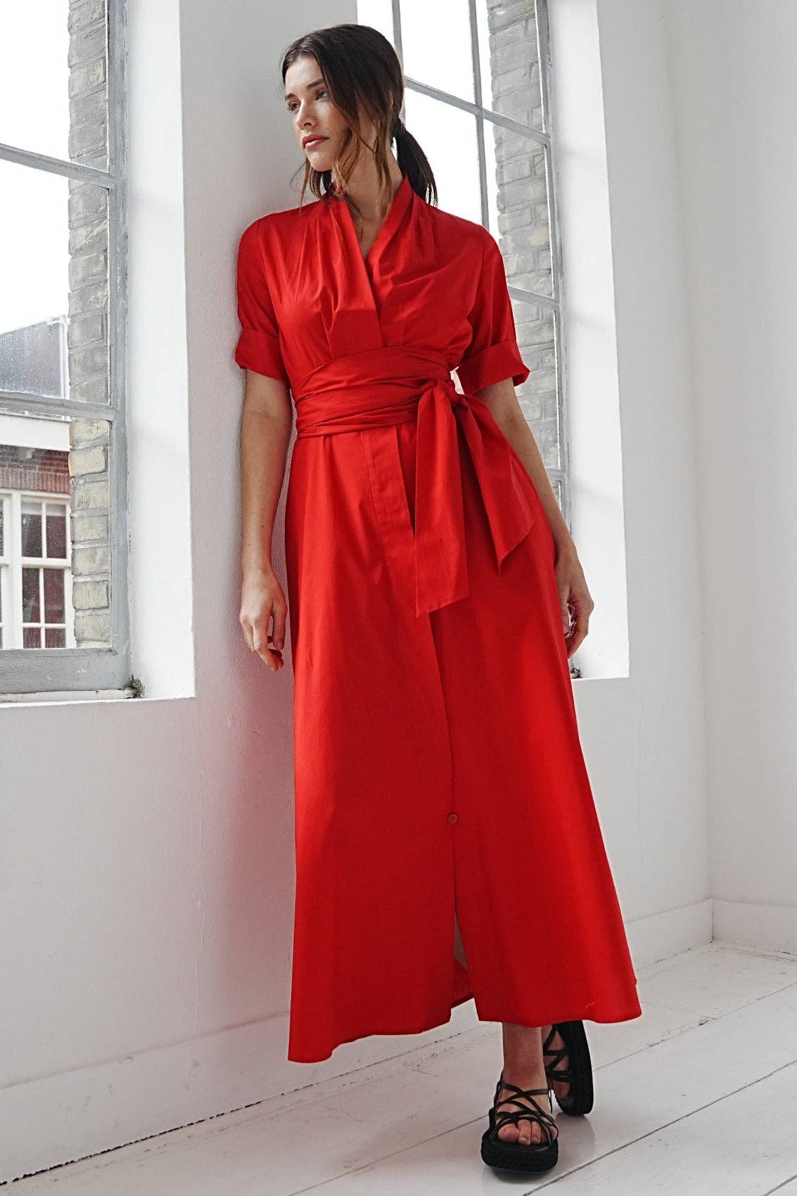 Marianna Déri GmbH - Wholesale Dress - Women's - Maxi blouse dress with removable wide belt red1
