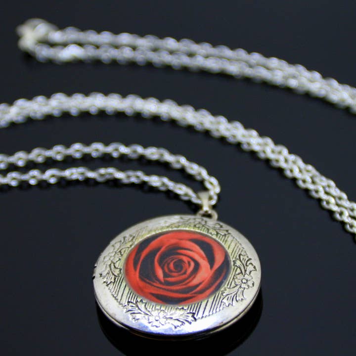 Rød Rose medaljon halskæde blomst medaljon med en brugerdefineret foto for engroshandel hos SomeBijoux4You