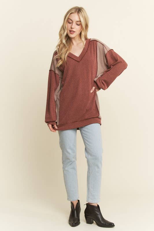 HEIMISH - Wholesale Knit Top - Women's - ET7741-10 LONG SLEEVE SOLID URBAN RIB COLOR BLOCK KNIT TOP1