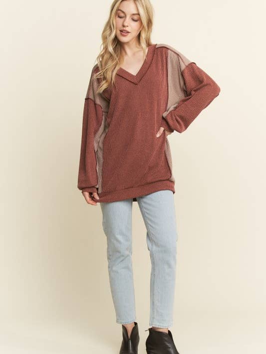 HEIMISH - Wholesale Knit Top - Women's - ET7741-10 LONG SLEEVE SOLID URBAN RIB COLOR BLOCK KNIT TOP1