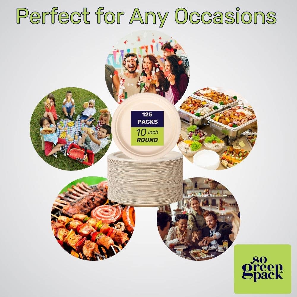 Sogreenpack - Wholesale Disposable Plate - 10" Bagasse Round Plate 100% Compostable Natural 125 Packs1