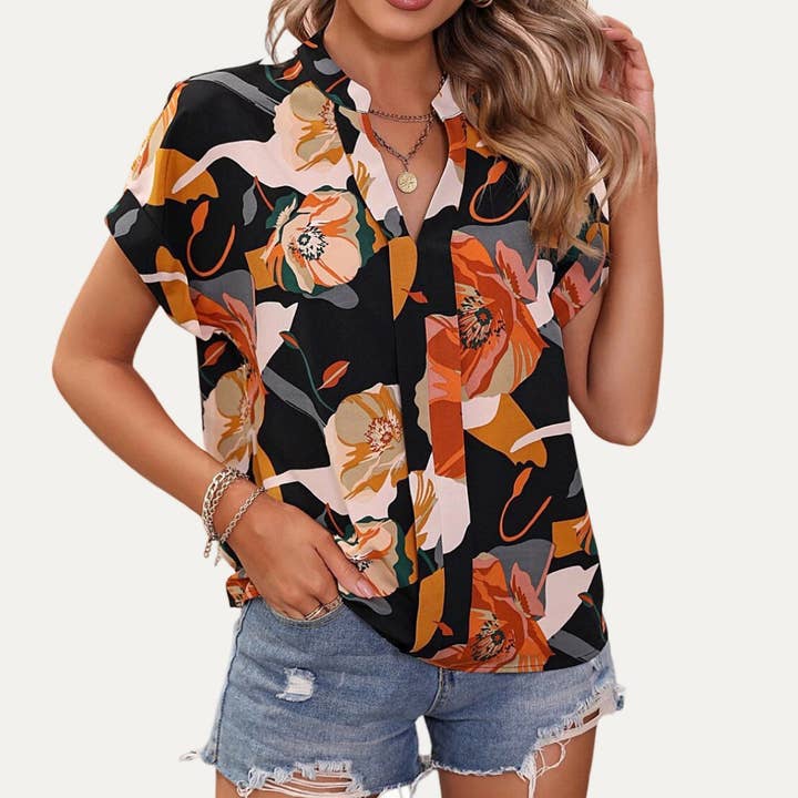 The Moment Collection - Wholesale Button Down Shirt - Women's - Always Trendy Multi-Color Printed V-Neck Short Sleeve Top